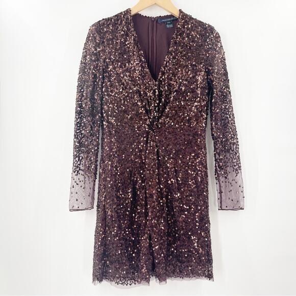 FRENCH CONNECTION Dress Size 4 Emille Sparkle Long Sleeve Sequin Sheath Brown - Picture 3 of 15